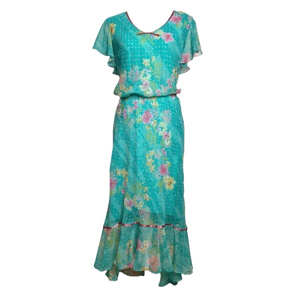 Vintage Fairycore Top Skirt Set 14 Blue Pink Floral Dot Flutter Sleeve K Studio - Picture 2 of 7